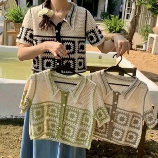 Áo len ren nữ đan móc, hoạ tiết ô vuông vintage, dáng len croptop 006