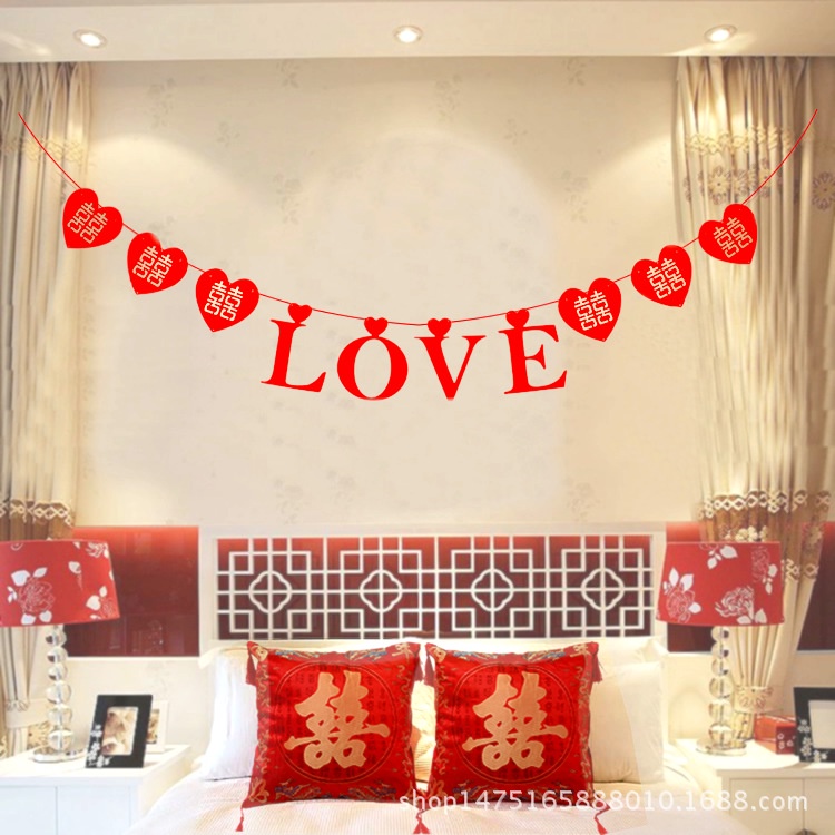 Dây chữ LOVE kèm chữ hỷ trái tim vải nỉ dạ màu đỏ trang trí đám cưới, phòng cưới - K337