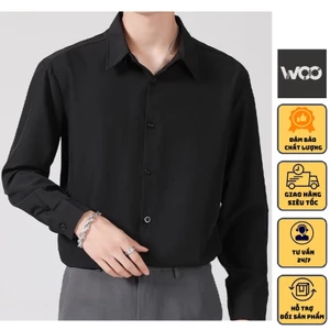 Áo Sơ Mi Nam Dài Tay Basic WOO Unisex Chất Cotton Lụa Hàn Quốc Màu Trắng Và Đen Mịn Mát Bền Màu Có Form Rộng Bigsize