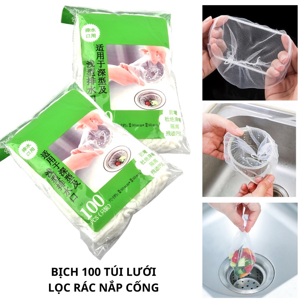 Bịch 100 túi lưới lọc rác bồn rửa chén nắp cống có dây chun | Shopee ...