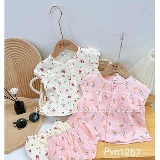 [Hàng thiết kế] Bộ bé gái siêu xinh vải Xô Muslin, đồ bộ cộc tay mùa hè - áo babydoll kèm quần chip Style Hàn Quốc