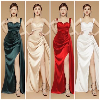 Đầm dạ hội xẻ tà hai dây bản to tùng dài cao cấp