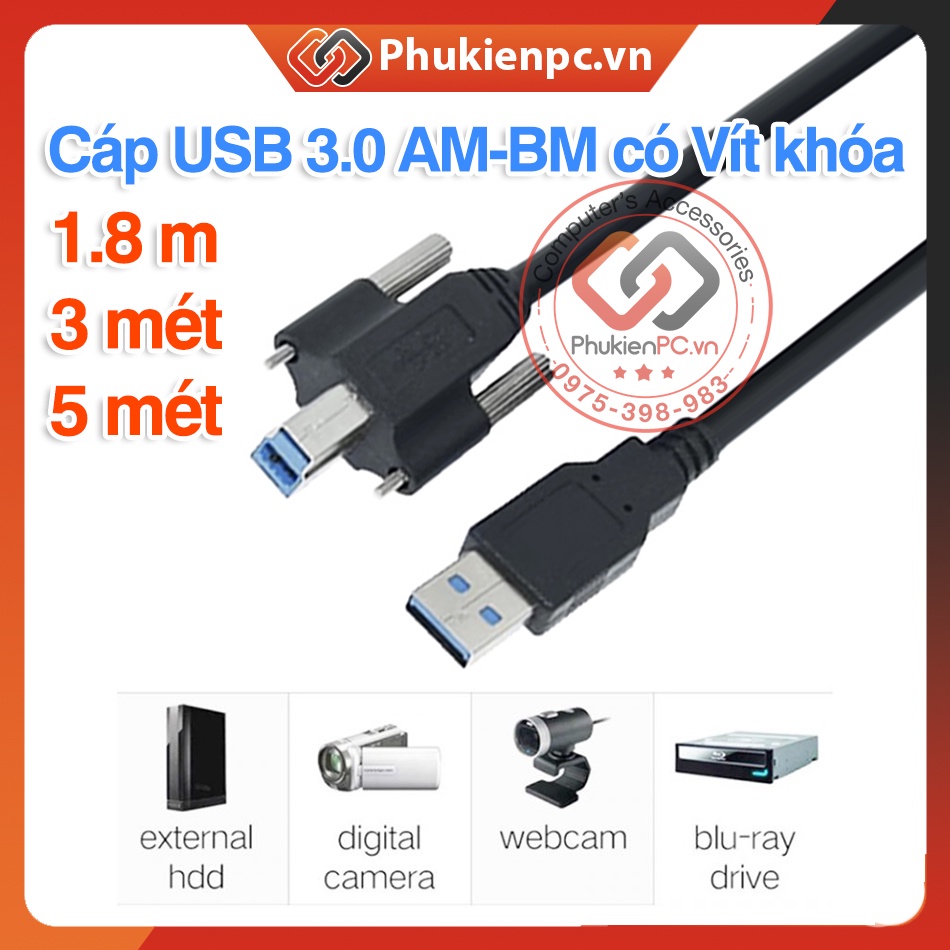 Cáp USB 3.0 AM-BM Type A to Type-B chốt khoá bắt vít, 1.8m 3m 5m cho ...