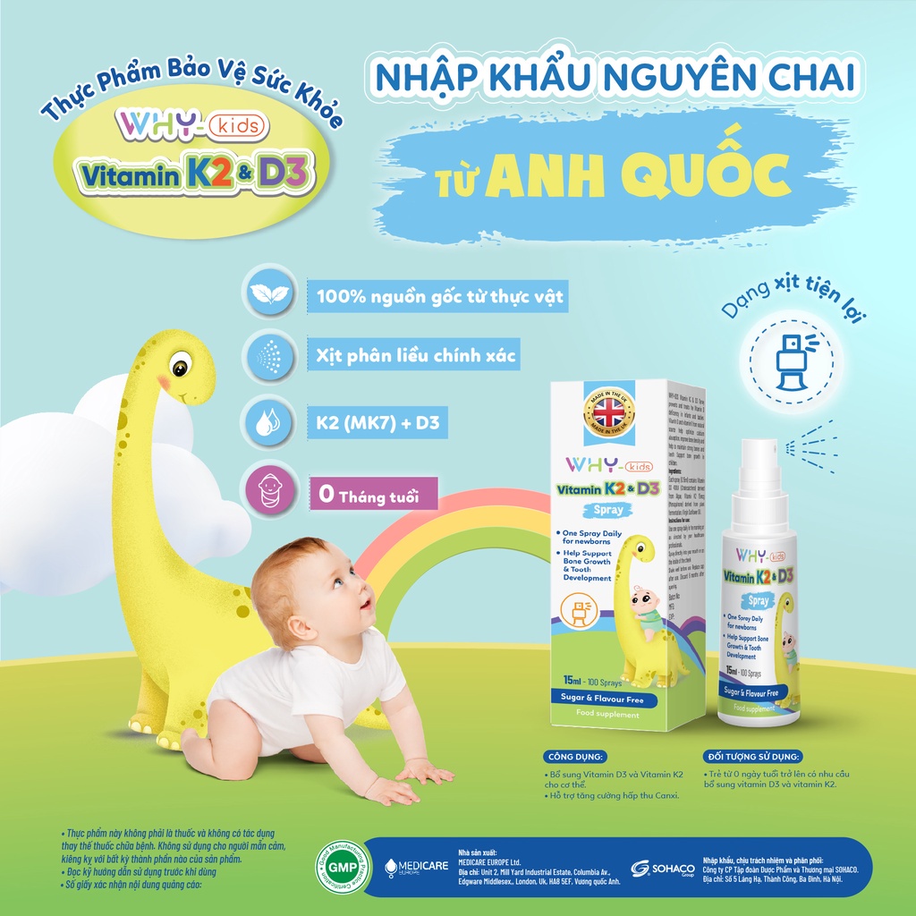 Chai xịt WhyKids bổ sung Vitamin D3 và K2 cho bé, hấp thu Canxi hỗ trợ phát triển chiều cao 15ml