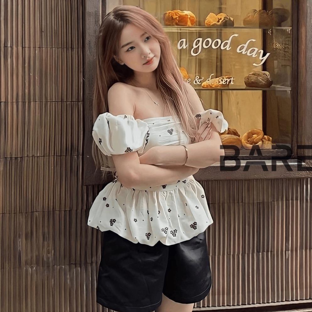 BARE- Áo Trễ Vai Nữ Tay Bồng Hoa Nhí 2 Lớp Chất Đũi Xốp Mềm Phong Cách Hàn Quốc Đáng Yêu - AO0119