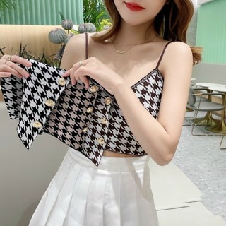 .Áo Croptop 2 Dây  Hoạ Tiết Karo  Đính Khuy Thiết kế Lệch Tà Quyến Rũ mã 0095.
