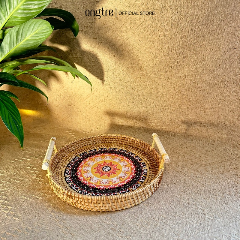 Khay mây tay cầm ONGTRE đáy gỗ họa tiết hoa văn đựng bánh mì trái cây phong cách vintage