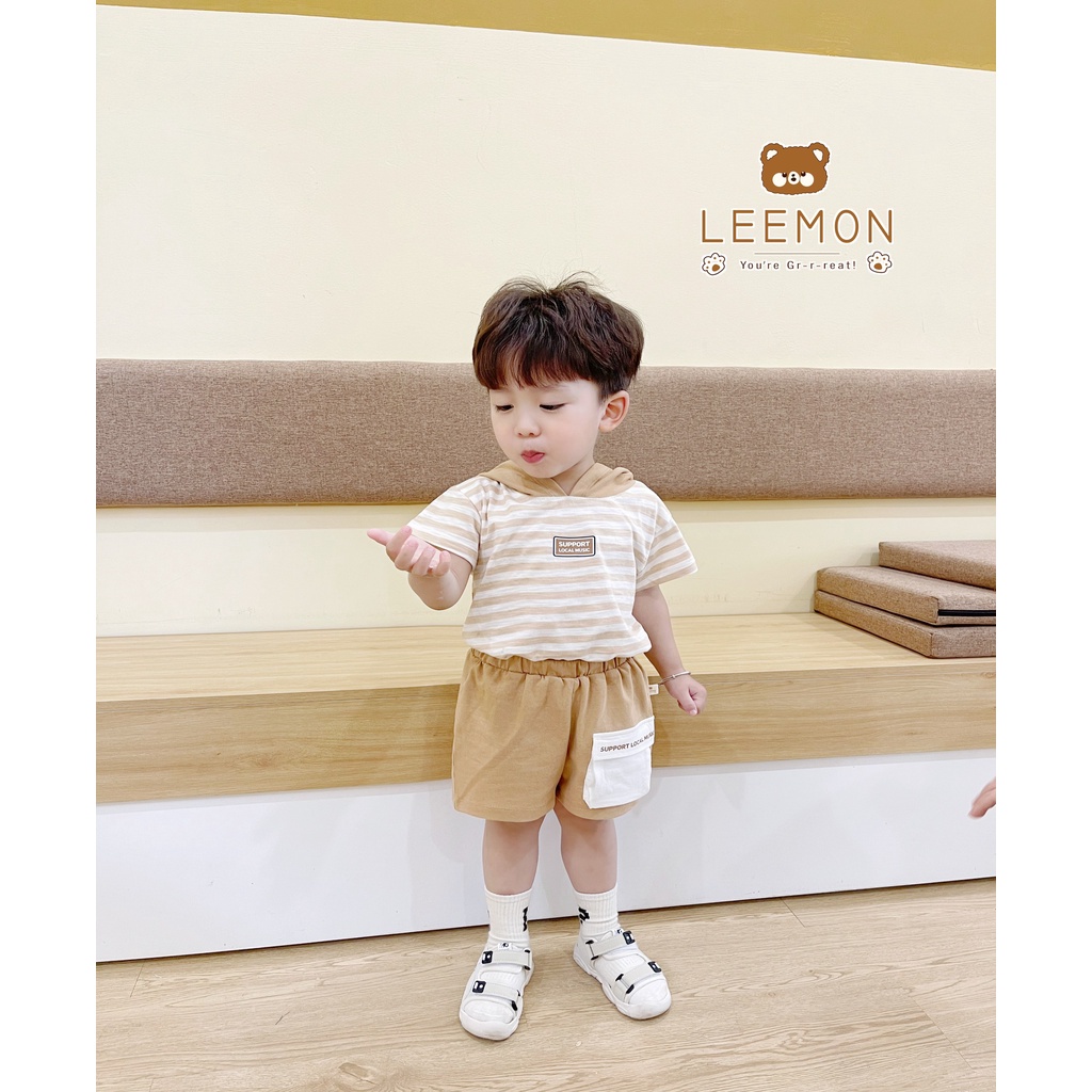 Bộ cotton kẻ ngang có mũ unisex cho bé, bộ hoddie sành điệu Leemon