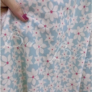 Vải Linen Bột In Hoa Nền Xanh Biển Pastel Mềm Rũ Khổ 1m35