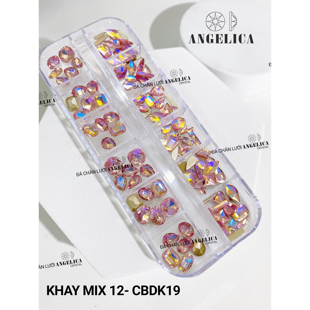 Khay 105v đá khổi mix đá chân bằng đính nail 7 màu trang trí móng ANGELICA M12-CBDK