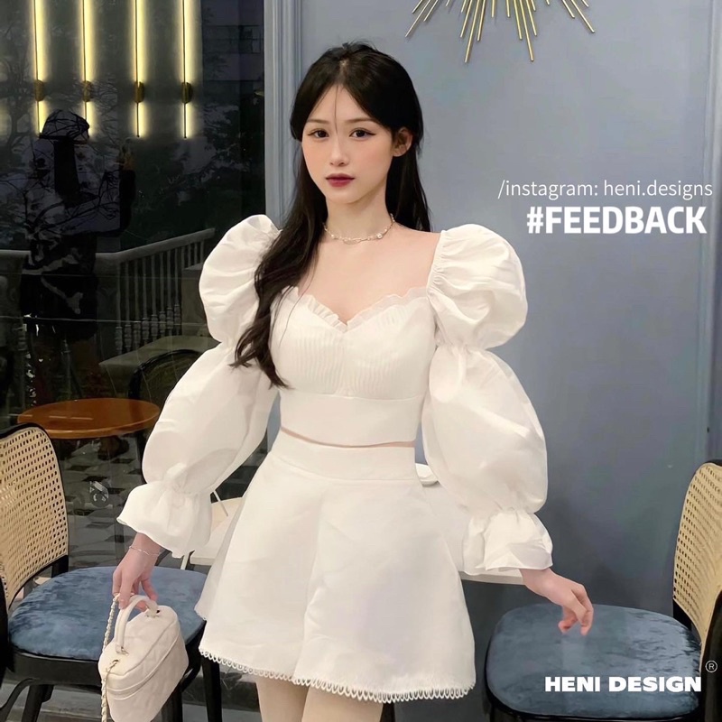 ALICE 𝐒𝐄𝐓 | Áo Croptop Tay Dài Bồng (có mút ngực) +Quần Trắng Viền Ren [ HÀNG THIẾT KẾ CAO CẤP ],Heni Design,áo cổ vuông