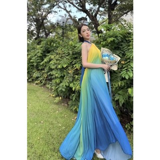 Maxi yếm ombre hở lưng xoắn cổ, sang chảnh, đi biển, du lịch vàng xanhn