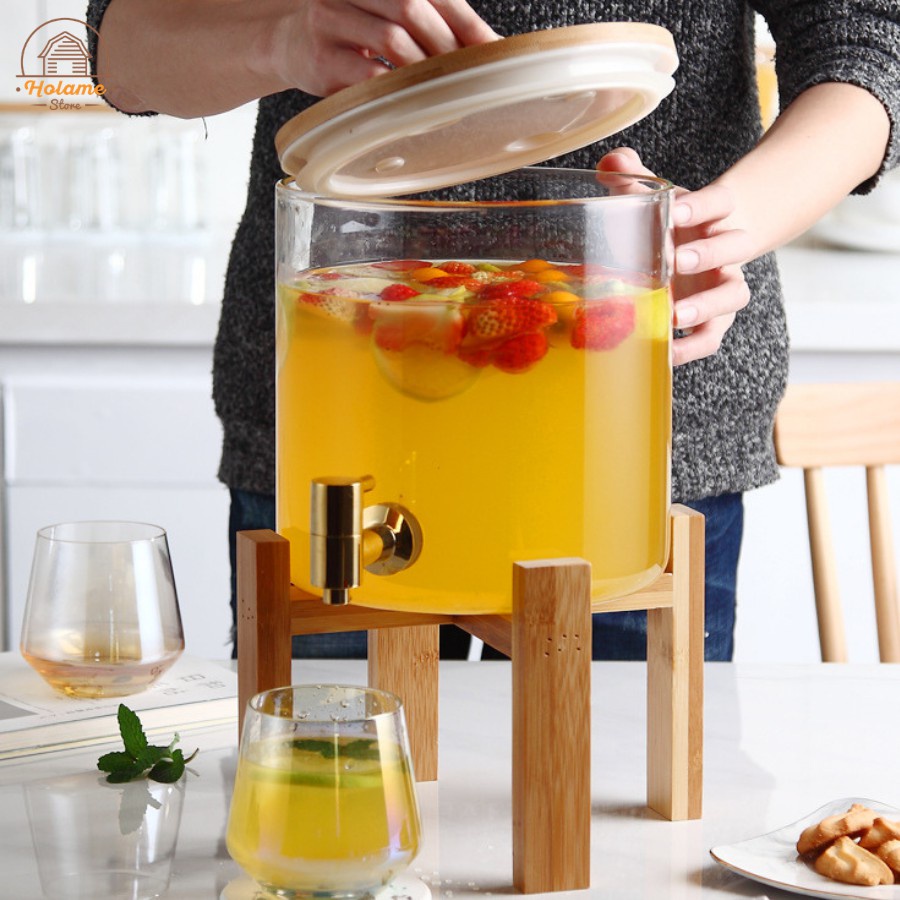 |TẶNG KỆ GỖ| Bình Nước Thủy Tinh Chịu Nhiệt - Dung Tích 5L,8L,11L, Vòi Inox 304, Nắp Tre Đệm Silicon