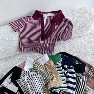 MIDDUA - CR2211 Crop ôm sọc cổ polo