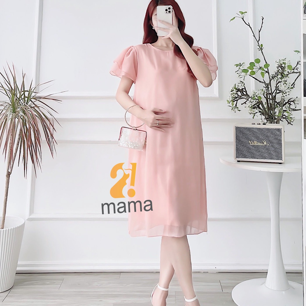 Váy bầu công sở, dự tiệc, 2mama chất liệu voan hồng, 2 lớp sang trọng, tay phồng 2 tầng V406