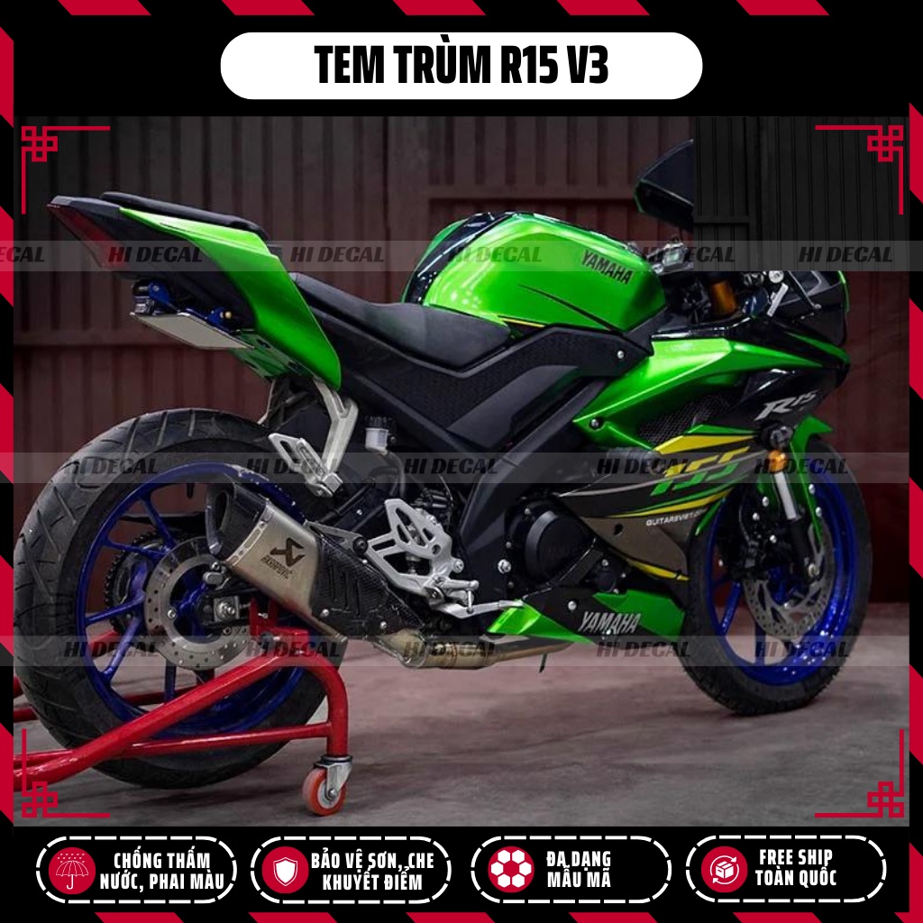 Tem trùm dán xe R15v3 màu xanh lá | Mẫu R15-H019 | Decal dán xe R15 v3 chống nước, chống phai màu