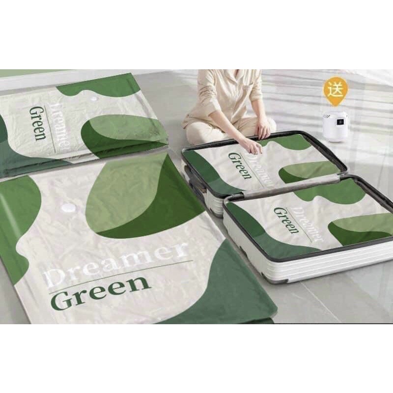 Set 6 Túi Hút Chân Không Quần Áo Chăn Màn GREEN Tặng Kèm Bơm Điện Cực Tiện Lợi ( túi hút chân không xanh lá)