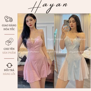 HT214 Váy ngủ sexy phối ren hông xuyên thấu kèm ĐỆM LÓT, đồ ngủ lụa dáng xoè tôn dáng HT214