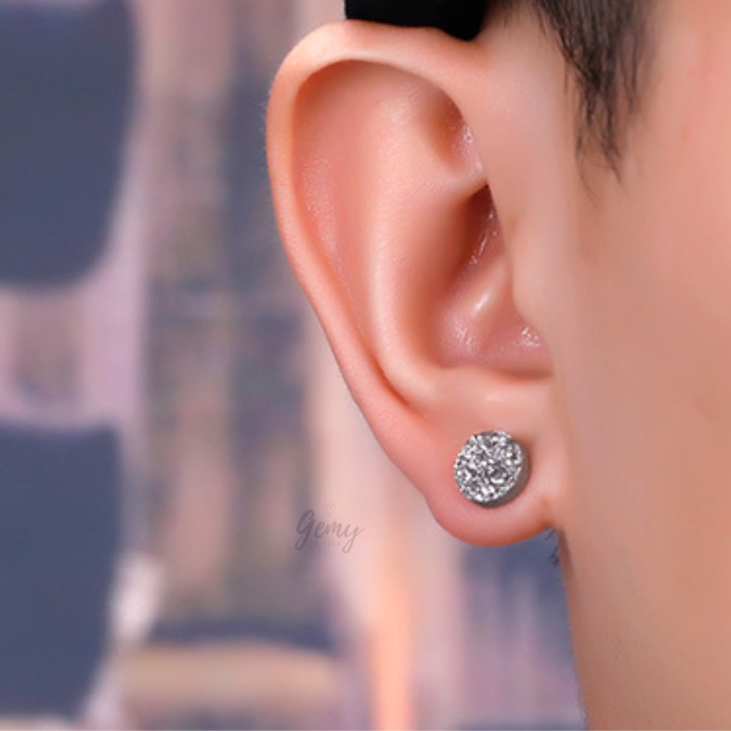 Khuyên tai nam tròn bạc 925 chùm đá pha lê nhân tạo nhiều màu Merlin 2 unisex (1 chiếc) | GEMY SILVER KN88 7.5mm