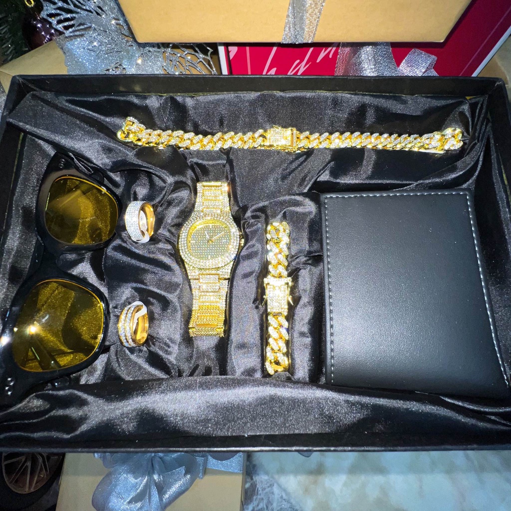 [SET 7 MÓN] Đồng hồ dây chuyền lắc tay 2 nhẫn kính & ví da cao cấp - CW For Men