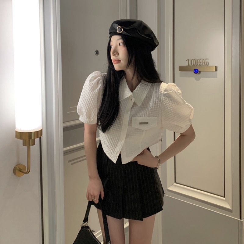 Áo Kiểu Sơ Mi Rút Dây Eo Tay Ngắn Phồng Form Croptop Phong Cách Ulzzang ...