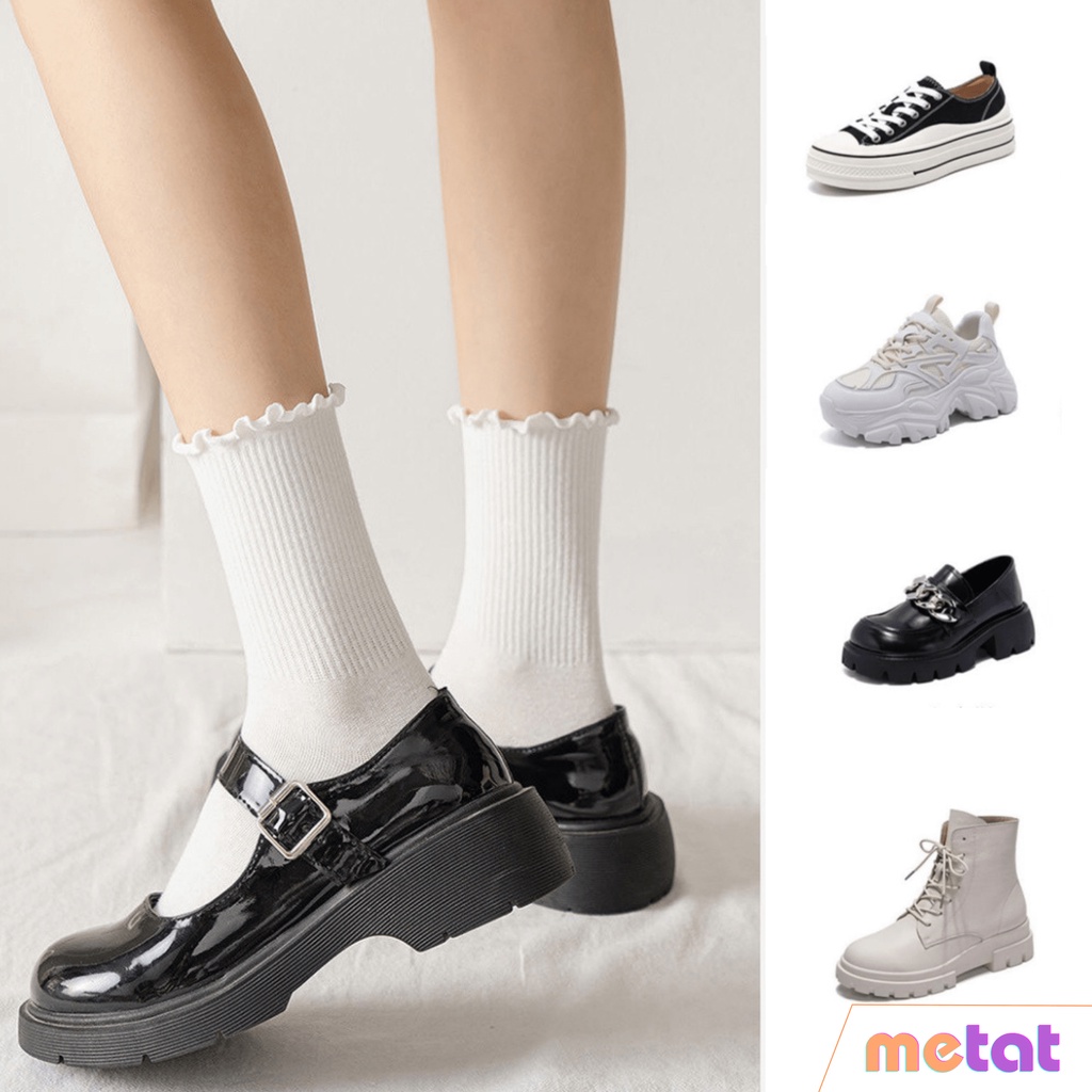 Tất Trắng Cao Cổ Hàn Quốc, Tất Cổ Cao Nữ Bèo Nhún Chất Len Gân Thời Trang Vintage - Mê Tất Official