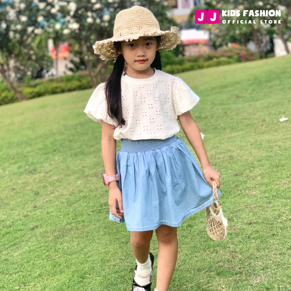 Váy mùa hè cho bé JJ Kids, váy đầm xòe Denim thêu hoa cao cấp cho trẻ em 2 đến 12 tuổi