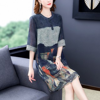 Đầm Lụa Trung Niên Dáng Suông Tay Lỡ Họa Tiết Thời Trang VH49
