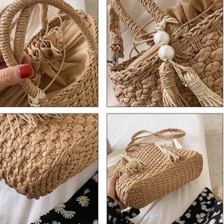 Túi cói Vintage đáy bầu hình thang - phụ kiện tua rua hạt ngọc- cầm tay và đeo chéo