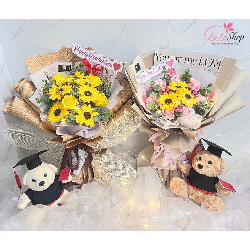 [HỎA TỐC] Bó hoa hướng dương & hoa hồng kèm gấu bông cánh hoa to, chắc chắn làm quà tặng lễ tốt nghiệp ý nghĩa Lala