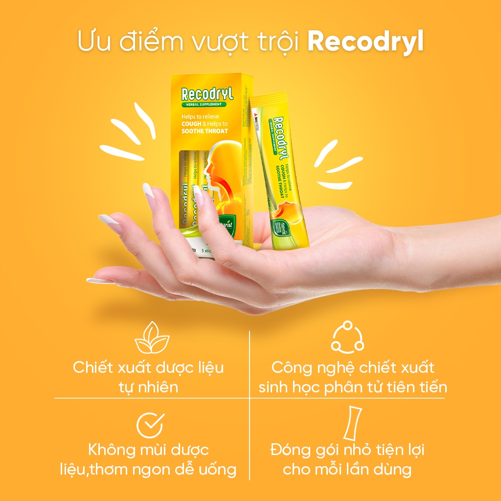 Siro thảo dược Recodryl – Hỗ trợ làm dịu họng, giảm cảm giác khô rát – Hộp 6 gói