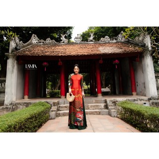 Áo dài truyền thống Lamia Design AD146  lụa cao cấp màu cam đỏ phối họa tiết tinh tế