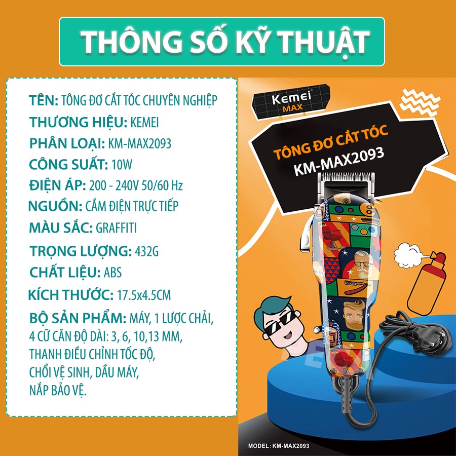 Ảnh Tông đơ cắt tóc chuyên nghiệp Kemei KM-MAX2093 cắm điện trực tiếp công suất mạnh 10W điều chỉnh được độ dài lưỡi tốc độ 1