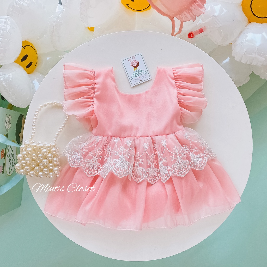 Set váy bé gái sơ sinh kèm nón MINTSCLOSET Mints Closet body váy hồng cánh tiên tùng ren bé sơ sinh 1 2 tuổi - BV7038