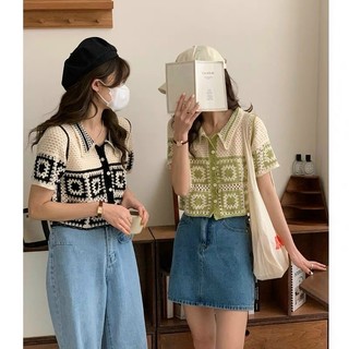 Áo len ren nữ đan móc, hoạ tiết ô vuông vintage, dáng len croptop 006