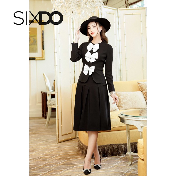 Áo vest nữ dài tay màu đen phối nơ trắng thời trang SIXDO Black Woven Vest With Bow