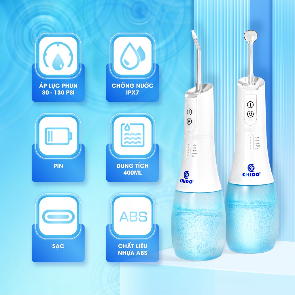 Máy Tăm Nước CHIDO Cầm Tay, 5 Đầu Phun Không dây Kèm Củ Sạc Túi Vải Đựng Đầu Xịt Và Máy Cao Cấp