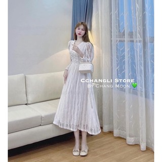 Váy Ren Khuy Bọc Cổ V Dáng Dài Hàng 2 Lớp Có Ảnh Thật