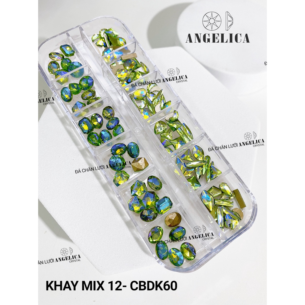 Khay 12 ô đá khối mix đá chân bằng đính nail trắng AB trang trí móng ANGELICA M12-CBDK