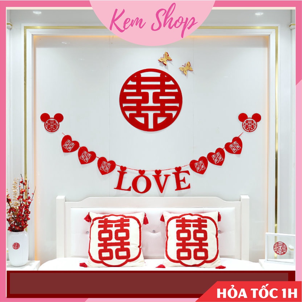 Dây chữ LOVE kèm chữ hỷ trái tim vải nỉ dạ màu đỏ trang trí đám cưới, phòng cưới - K337