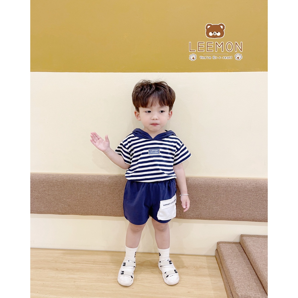 Bộ cotton kẻ ngang có mũ unisex cho bé, bộ hoddie sành điệu Leemon