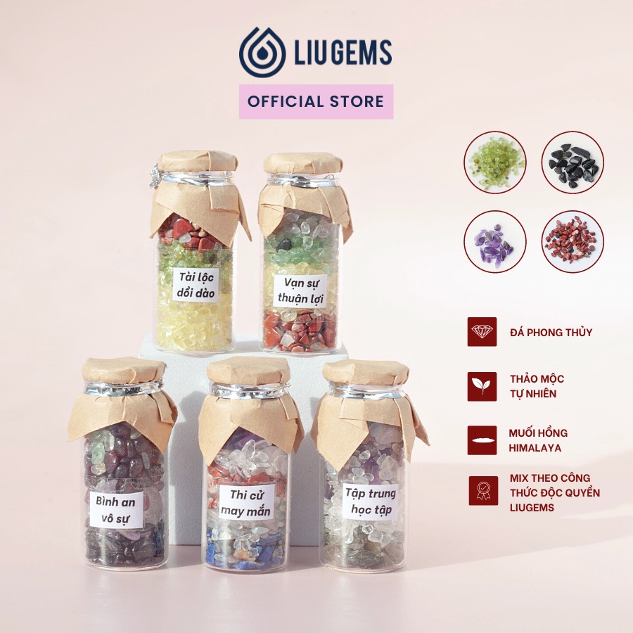 Đá Thanh Tẩy Đựng Hũ Năng Lượng Phong Thuỷ Liugems, Mix Thảo Mộc, Muối Hồng Himalaya PK02
