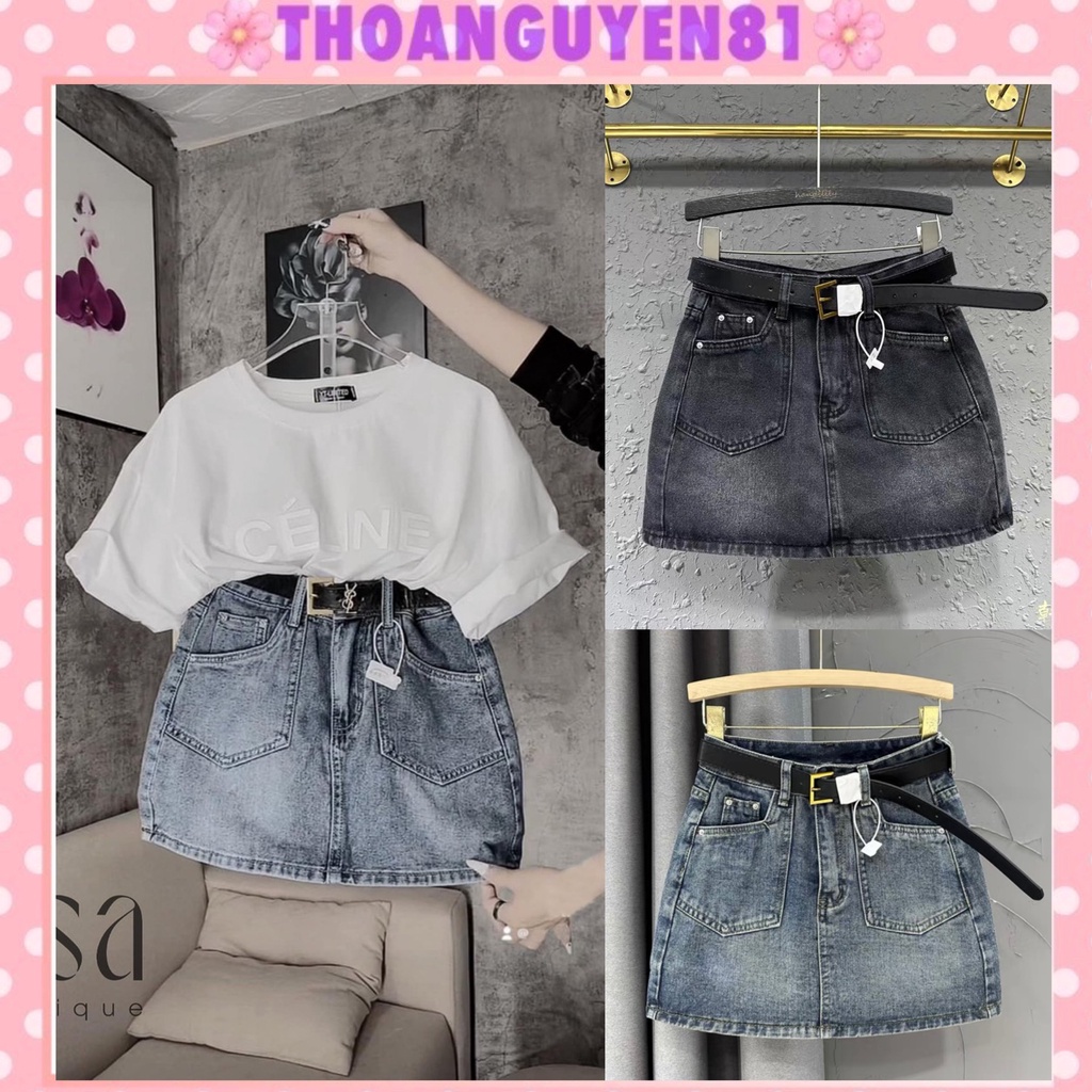 Chân váy jeans ngắn túi nhọn 2 màu, váy bò chữ A lưng cao