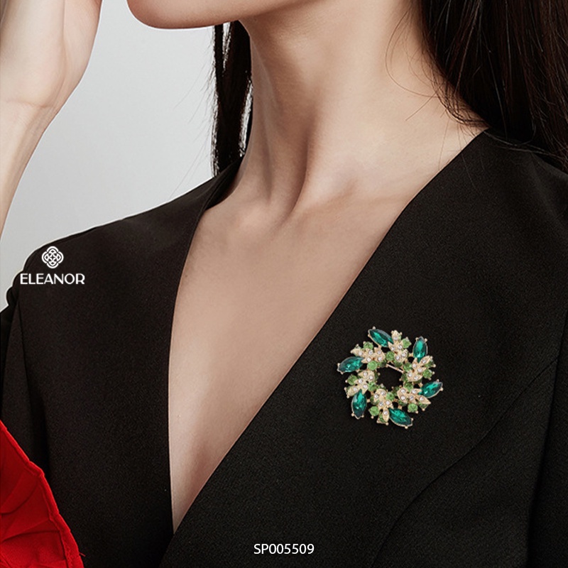 Ghim cài áo nam nữ Eleanor Accessories vòng lá đính đá xanh phụ kiện thời trang trâm cài 5509
