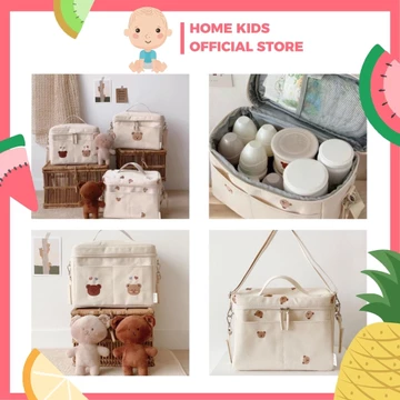 Túi Giữ Nhiệt Bỉm Sữa Thêu Hình Gấu Phong Cách Hàn Quốc - Túi Bỉm Sữa Chống Nước Đa Năng Cho Mẹ Bỉm