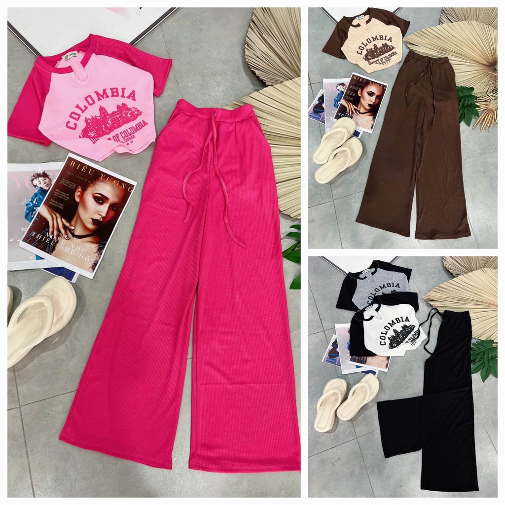 Aliyah Set - Áo Kaki Độn Vai Tay Dài & Quần Dài Ống Rộng