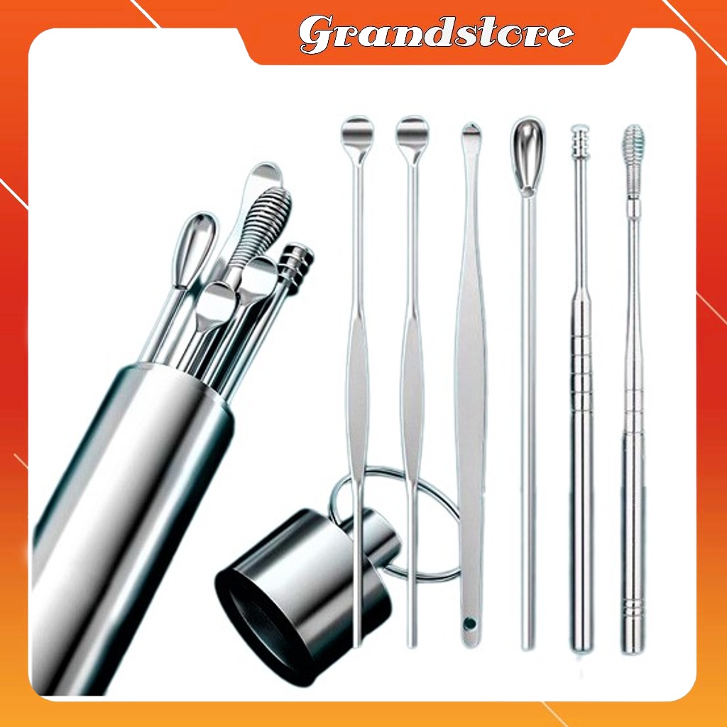 Bộ lấy ráy tai inox 6 món mini hộp móc khóa kim loại sắt đựng thông ...