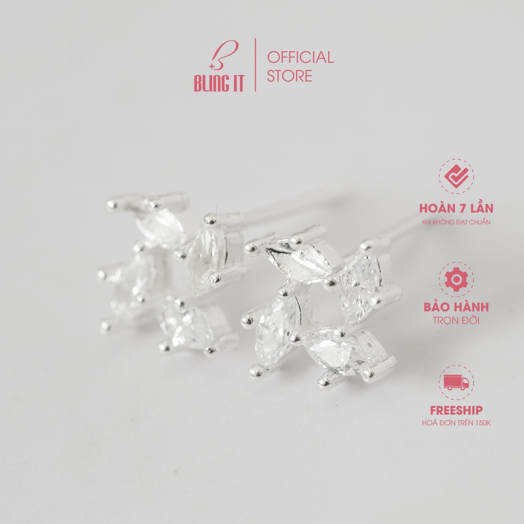 Khuyên tai bạc nữ kèm hộp đựng cao cấp Bling It phong cách hàn quốc đơn giản với thiết kế bốn hạt đá BIBT461