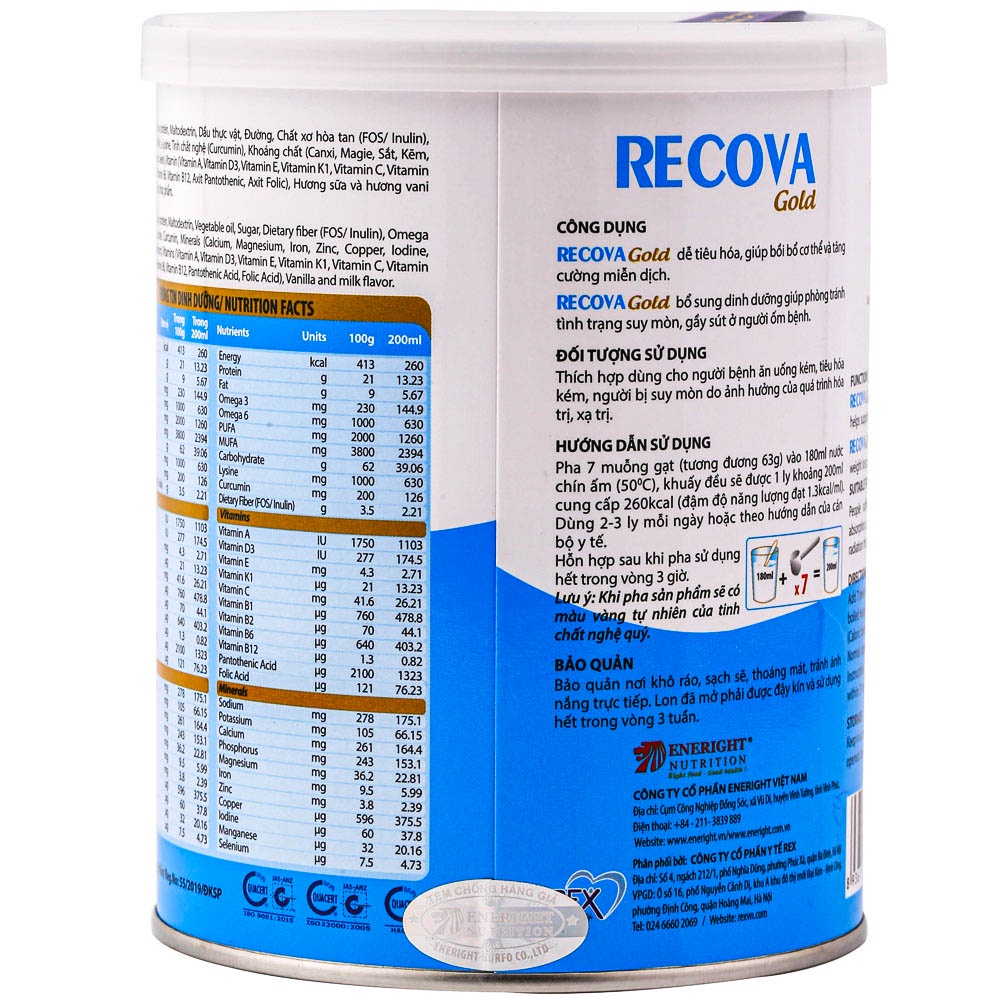 Sữa Recova Gold Cho Bệnh Nhân Ung Thư Dinh Dưỡng Cho Bệnh Nhân Ung Thư, Người Ăn Uống Kém, Hương Vị Dễ Dùng (Hộp 400G)