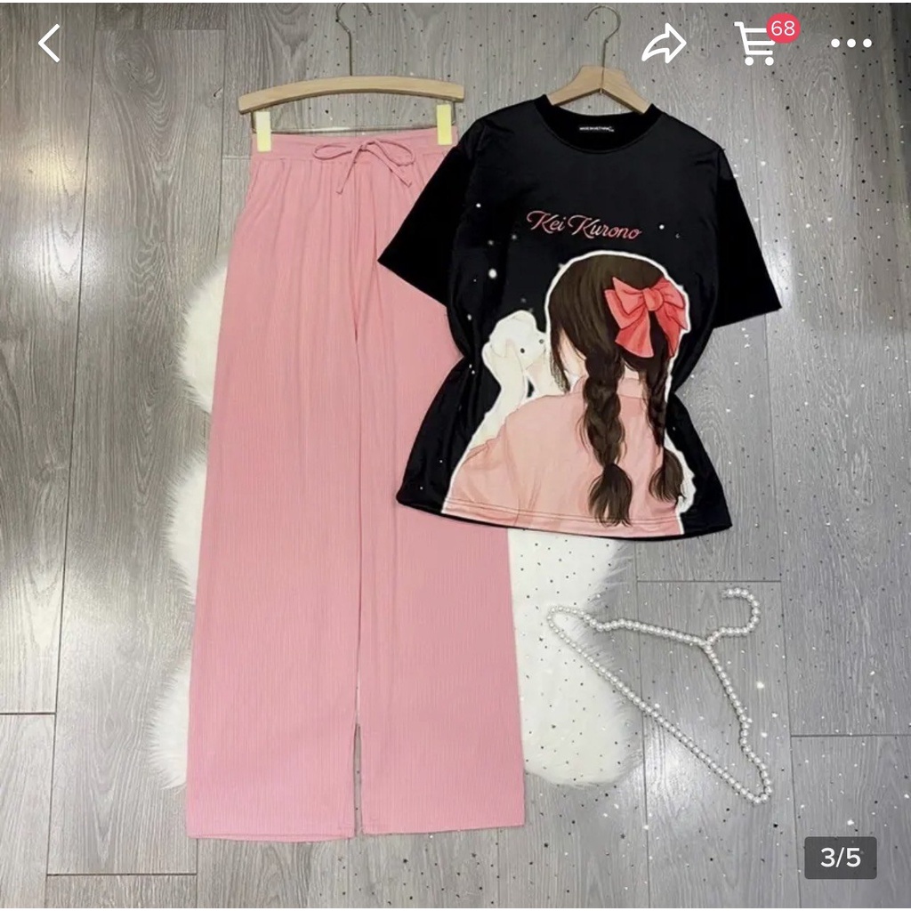 Quần ống rộng suông bigsize Đồ bộ nữ ESHOP Đồ mặc nhà nữ cạp cao quần thun gân áo tay lửng in 3D co giãn đẹp SG69